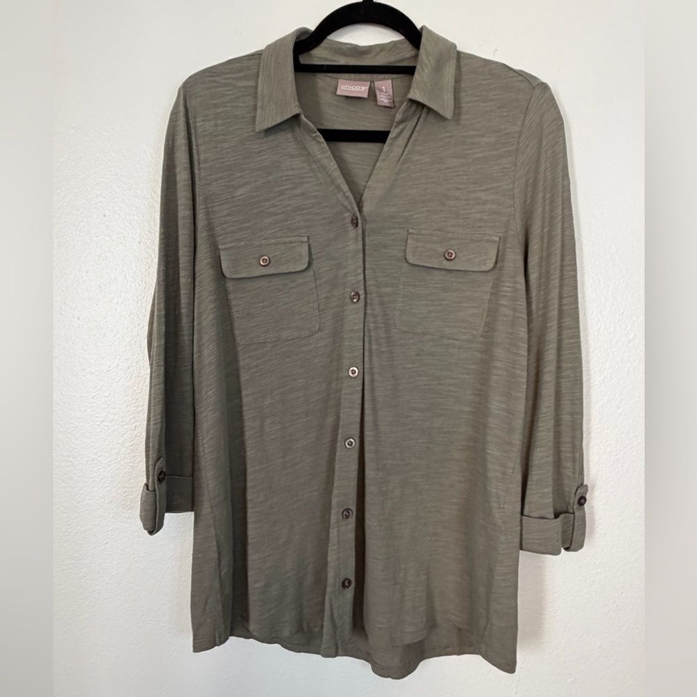 Chico’s Collared Henley Green-brown 3/4 Sleeves W/ Roll Tab Sz 1 (Medium 8)